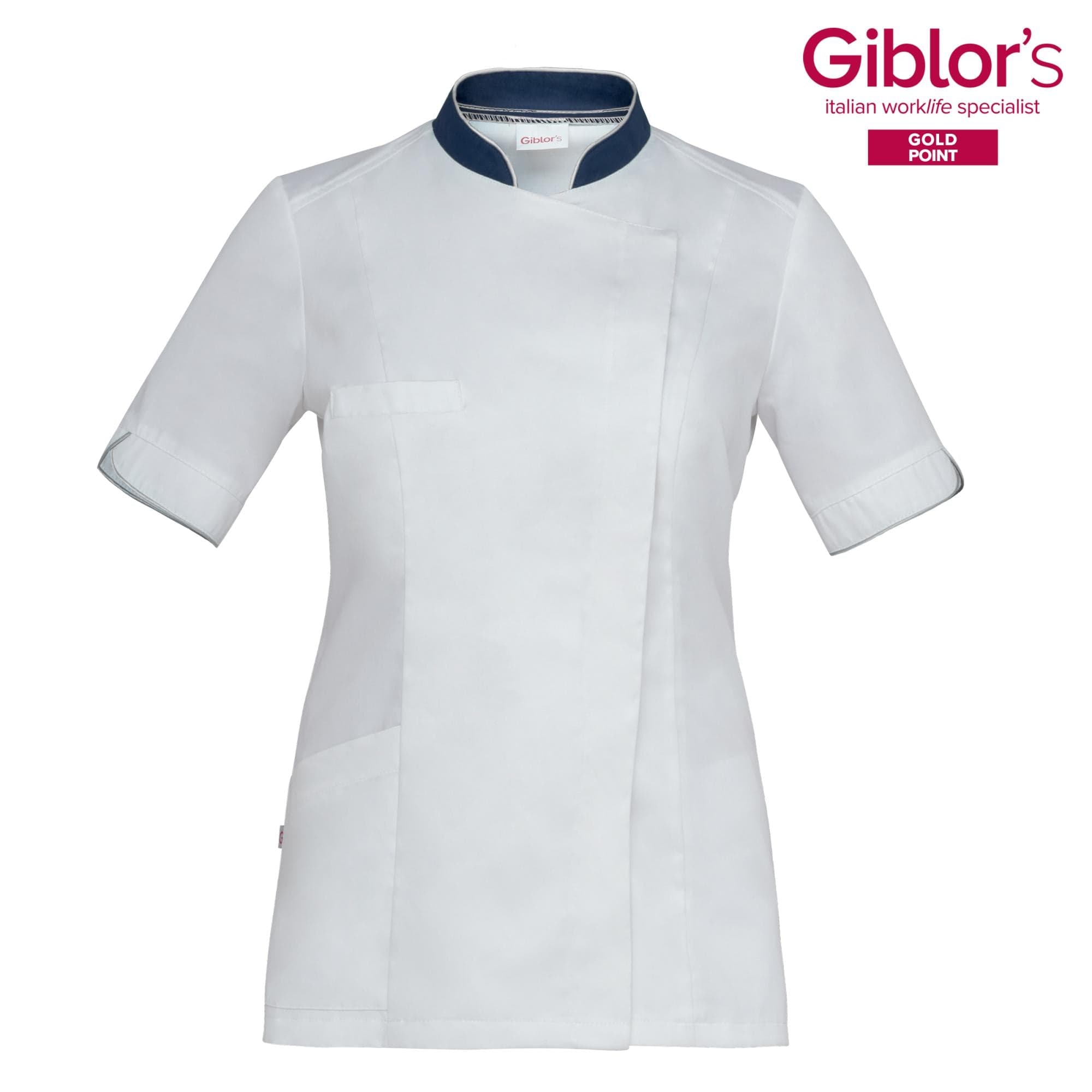 Casacca Donna Tania Bianco con Profili Blu Manica Corta Satin Facile Stiro Casacca Infermiera Casacca Medicale con inserti in Uniformi sanitarie - giacche Dresswork - Como, commercioVirtuoso.it