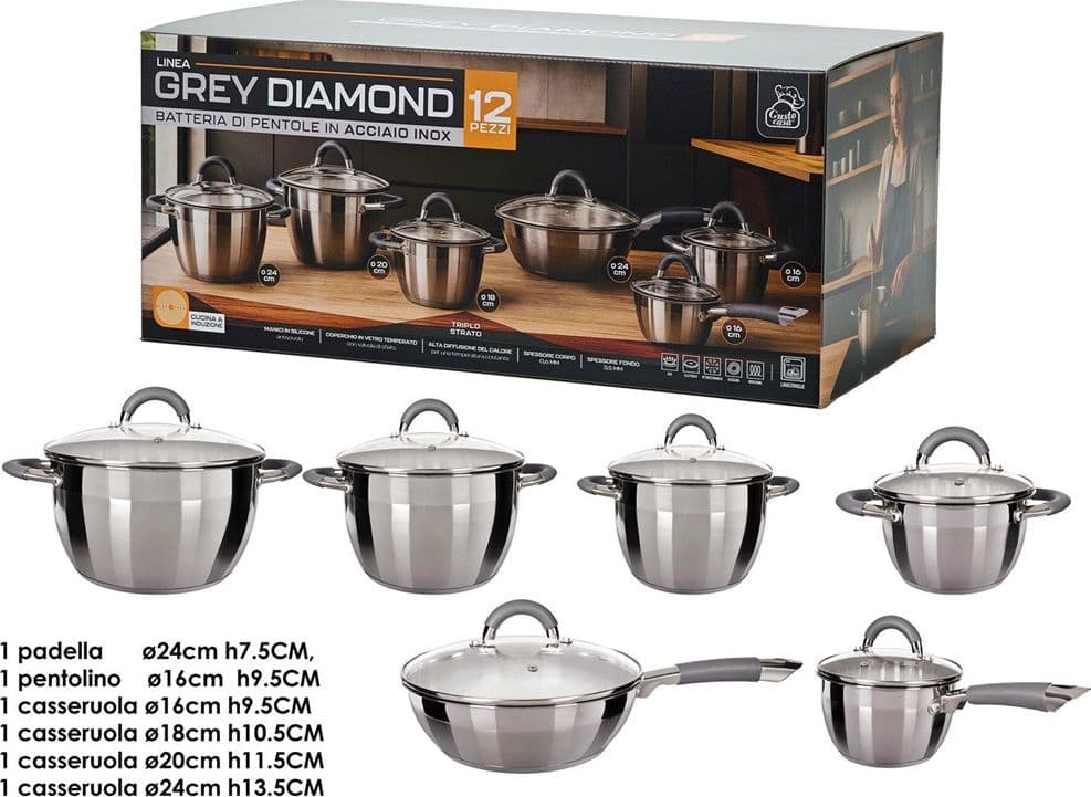 SET BATTERIA DI PENTOLE A INDUZIONE 12PZ IN ACCIAIO INOX MANICI IN SILICONE ANTISCIVOLO in Set di pentole Trade Shop italia - Napoli, commercioVirtuoso.it