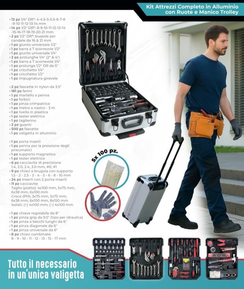 KIT ATTREZZI VALIGETTA PROFESSIONALE 799PZ TROLLEY ALLUMINIO CON RUOTE COMPLETO FAI DA TE in Set di attrezzi Trade Shop italia - Napoli, commercioVirtuoso.it