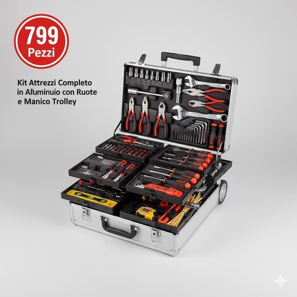 KIT ATTREZZI VALIGETTA PROFESSIONALE 799PZ TROLLEY ALLUMINIO CON RUOTE COMPLETO FAI DA TE in Set di attrezzi Trade Shop italia - Napoli, commercioVirtuoso.it