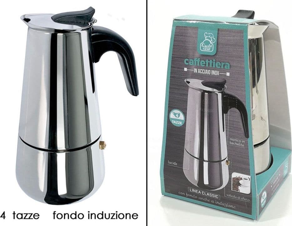 CAFFETTIERA MOKA IN ACCIAIO INOX LUCIDO CON MANICO IN BACHELITE DA 4 TAZZE FONDO INDUZIONE in Moke e caffettiere Trade Shop italia - Napoli, commercioVirtuoso.it