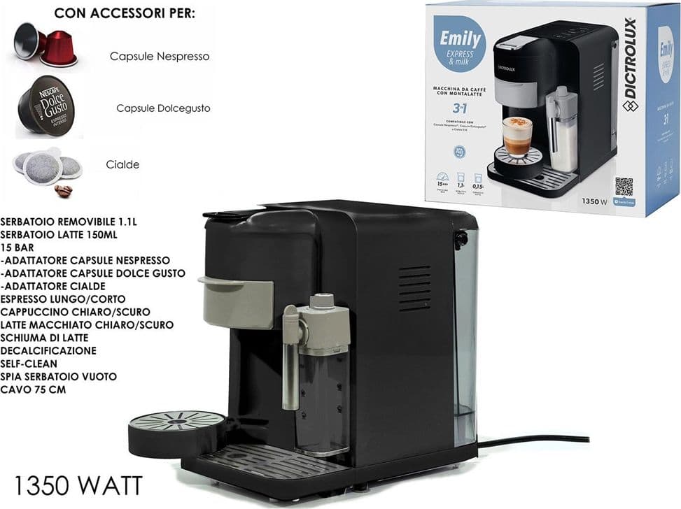 MACCHINA DA CAFFÈ CON MONTALATTE 3 IN 1 1350W MULTIFUNZIONE ADATTATORI PER CAPSULE CIALDE in Macchine da caffè tazza singola Trade Shop italia - Napoli, commercioVirtuoso.it
