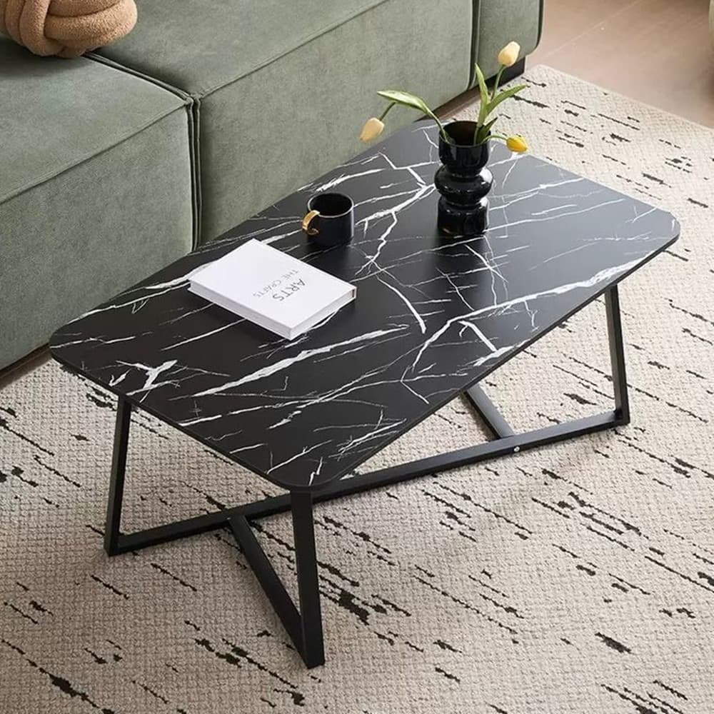 TAVOLINO RETTANGOLARE BASSO CON PIANO EFFETTO MARMO GAMBE INCROCIATE PER SOGGIORNO SALOTTO in Tavolini da caffè Trade Shop italia - Napoli, commercioVirtuoso.it