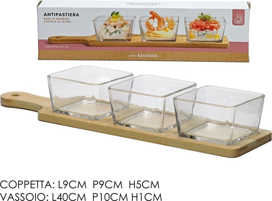 ANTIPASTIERA CON 3 CIOTOLE IN VETRO VASSOIO BASE IN BAMBOO 40X10CM PER SALSE FINGER FOOD in Ciotoline da Snack Trade Shop italia - Napoli, commercioVirtuoso.it