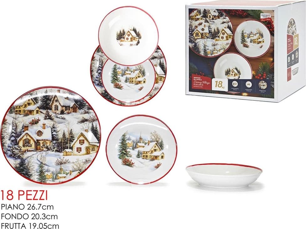 SERVIZIO PIATTI TAVOLA NATALIZIO IN PORCELLANA 18PZ DECORO PAESAGGIO INVERNALE BORDO ROSSO in Servizi di piatti Trade Shop italia - Napoli, commercioVirtuoso.it