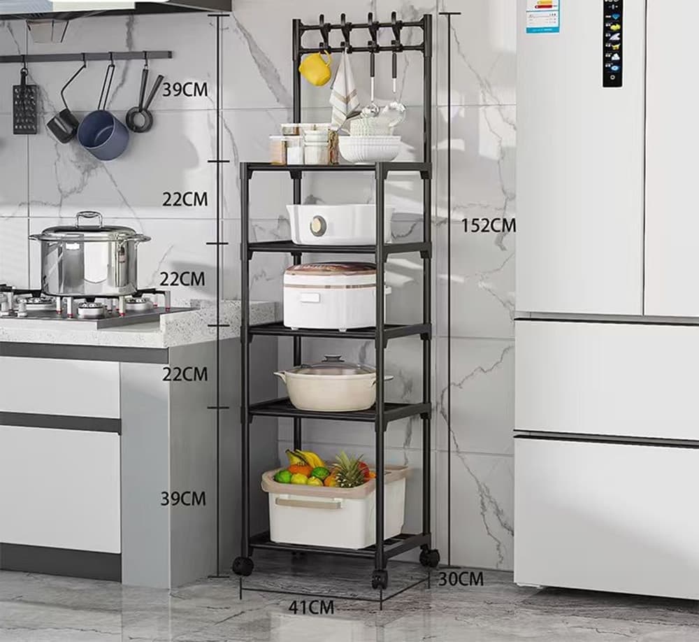 CARRELLO PORTAOGGETTI A 5 RIPIANI SCAFFALE MULTIUSO CON RUOTE GANCI PER CUCINA BAGNO NERO in Carrelli porta oggetti Trade Shop italia - Napoli, commercioVirtuoso.it