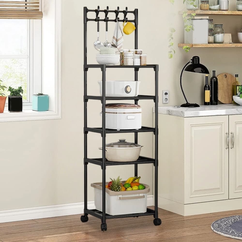 CARRELLO PORTAOGGETTI A 5 RIPIANI SCAFFALE MULTIUSO CON RUOTE GANCI PER CUCINA BAGNO NERO in Carrelli porta oggetti Trade Shop italia - Napoli, commercioVirtuoso.it