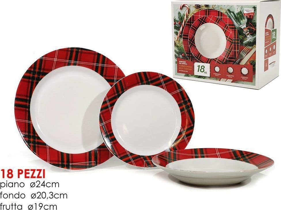 SET SERVIZIO DI 18 PZ PIATTI CON MOTIVO A BORDO TARTAN IN PORCELLANA DA TAVOLA NATALIZIO in Servizi di piatti Trade Shop italia - Napoli, commercioVirtuoso.it