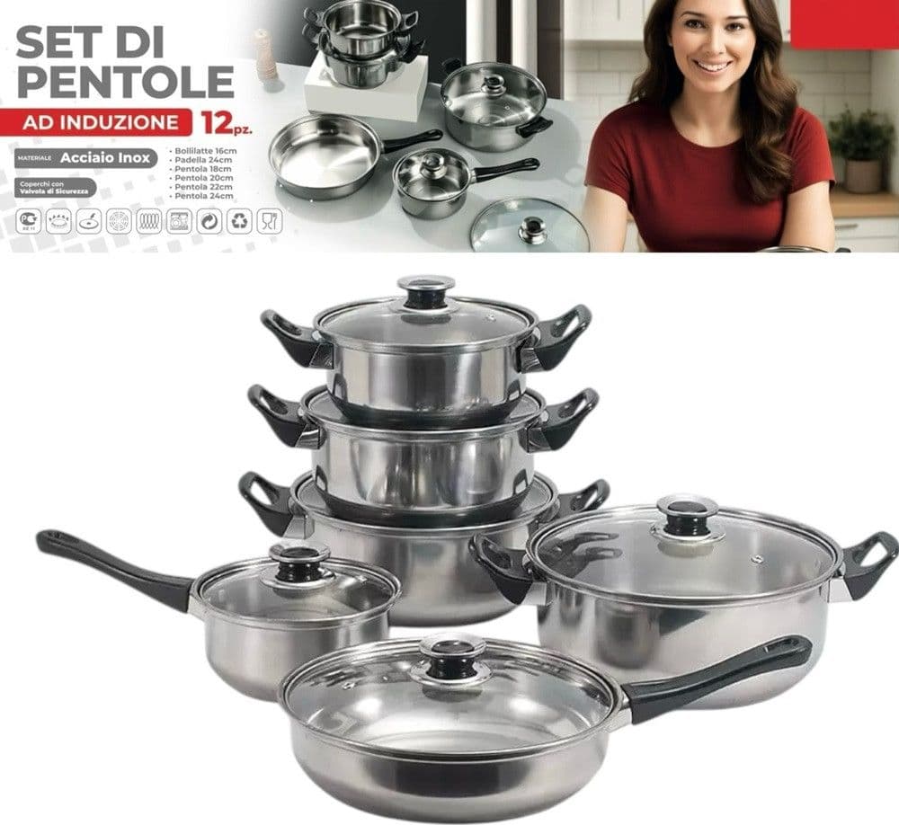 SET BATTERIA DI PENTOLE 12PZ IN ACCIAIO INOX AD INDUZIONE COPERCHI CON VALVOLA SICUREZZA in Set di pentole Trade Shop italia - Napoli, commercioVirtuoso.it