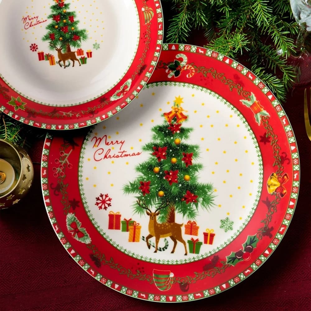 SERVIZIO DI PIATTI NATALIZIO IN PORCELLANA 18PZ DECORO ALBERO NATALE RENNE PACCHI REGALO in Servizi di piatti Trade Shop italia - Napoli, commercioVirtuoso.it