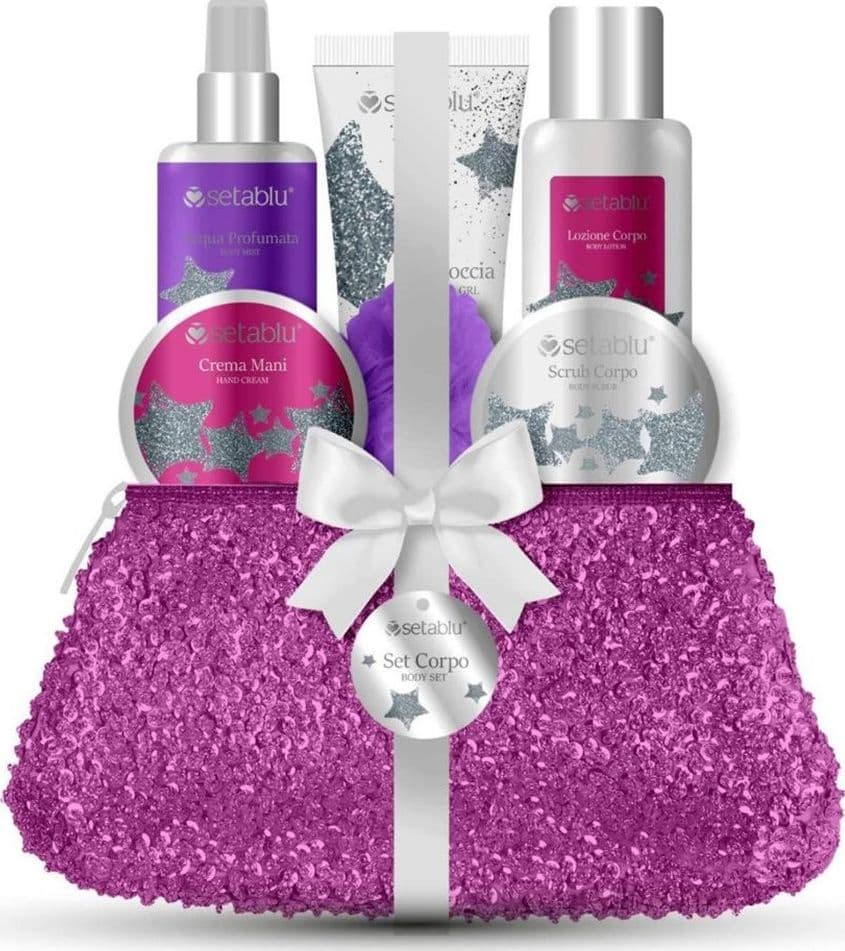 SET REGALO 6PZ ACQUA PROFUMATA CREMA MANI LOZIONE SCRUB CORPO BAGNODOCCIA POCHETTE GLITTER - 2