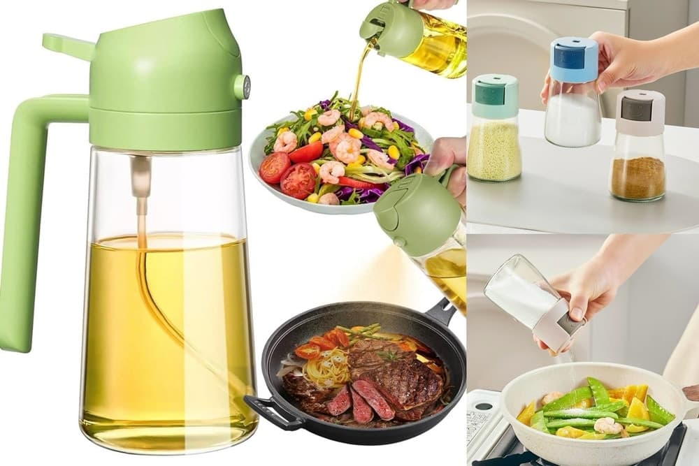 SET DISPENSER DOSATORE 2 IN 1 OLIERA SPRUZZATORE OLIO CON 3 CONTENITORI CONDIMENTI CUCINA in Barattoli portaspezie Trade Shop italia - Napoli, commercioVirtuoso.it