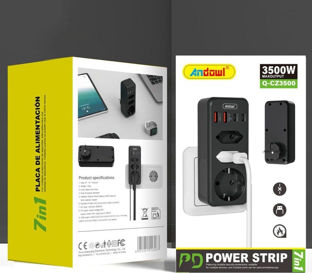 MULTIPRESA DA PARETE MULTIPLA 7IN1 CON 4 USB 1 SCHUKO 2 SPINE EU 3500W SALVASPAZIO Q-CZ3500 in Multiprese Trade Shop italia - Napoli, commercioVirtuoso.it