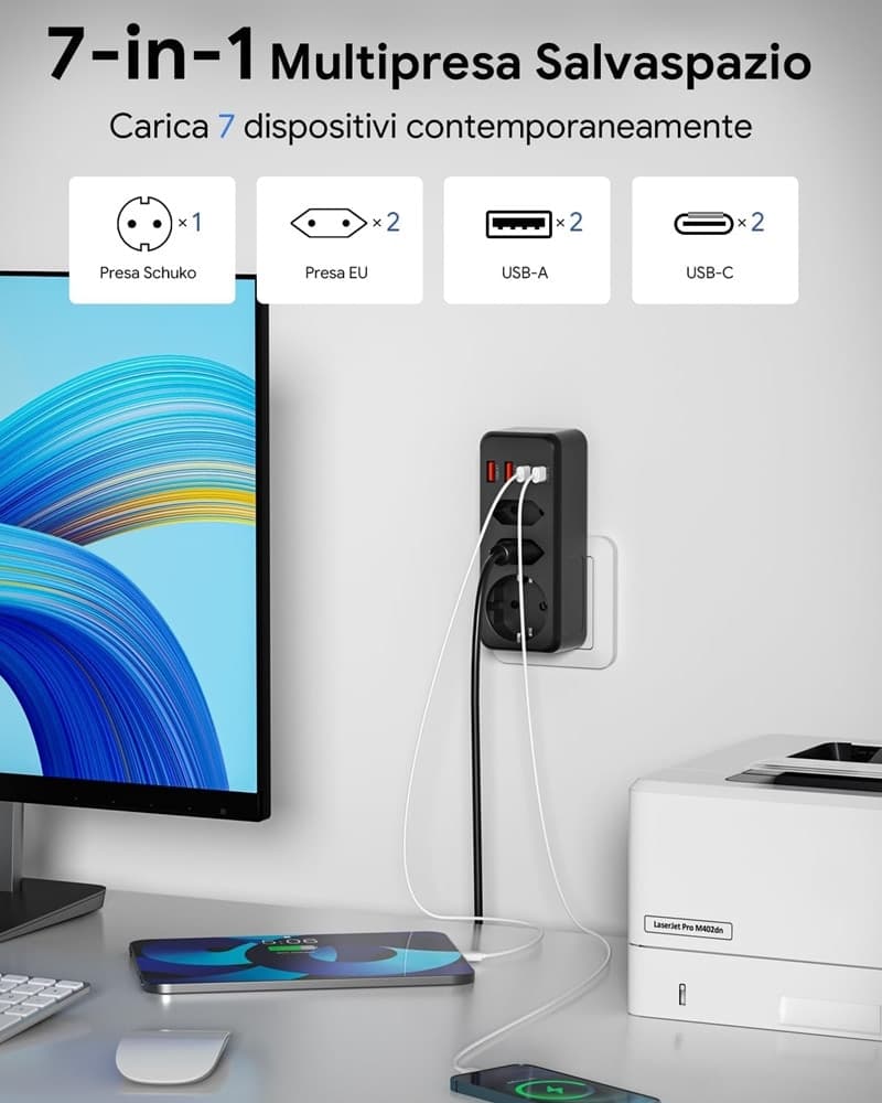 MULTIPRESA DA PARETE MULTIPLA 7IN1 CON 4 USB 1 SCHUKO 2 SPINE EU 3500W SALVASPAZIO Q-CZ3500 in Multiprese Trade Shop italia - Napoli, commercioVirtuoso.it