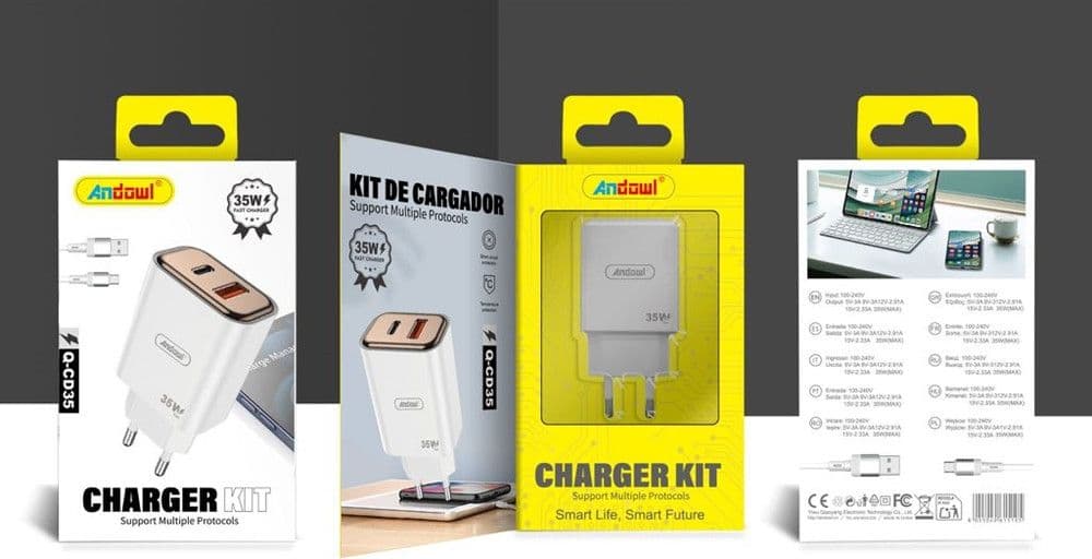 KIT CARICABATTERIE DA PARETE DOPPIA PORTA TYPE-C + USB DA 35W CON CAVO USB A TYPE-C Q-CD35 in Caricabatterie da muro Trade Shop italia - Napoli, commercioVirtuoso.it