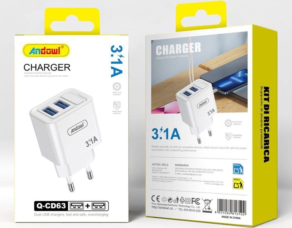 CARICATORE CARICABATTERIE DA PARETE DUAL USB 3.1A RICARICA RAPIDA CELLULARI TABLET Q-CD63 in Caricabatterie da muro Trade Shop italia - Napoli, commercioVirtuoso.it