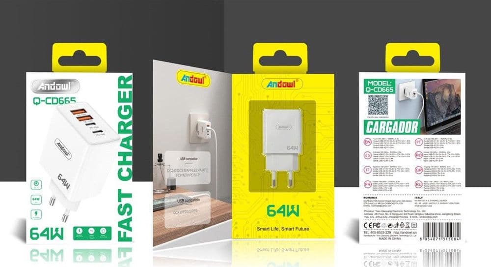 CARICABATTERIE RICARICA RAPIDO Q-CD665 CON 2 PORTE TYPE-C + 2 PORTE USB 64W PER SMARTPHONE in Caricabatterie da muro Trade Shop italia - Napoli, commercioVirtuoso.it