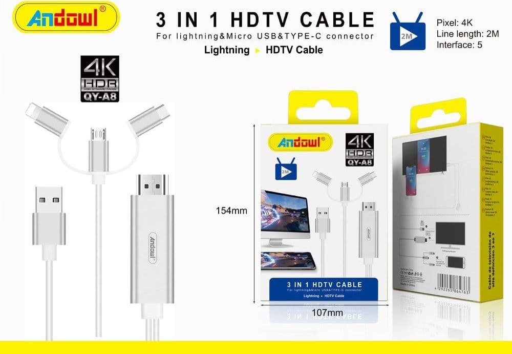 CAVO HDTV 3IN1 HDMI 4K HDR DA 2MT DA USB A CONNETTORI LIGHTNING / TIPO-C / MICRO USB QY-A8 in Cavi HDMI Trade Shop italia - Napoli, commercioVirtuoso.it