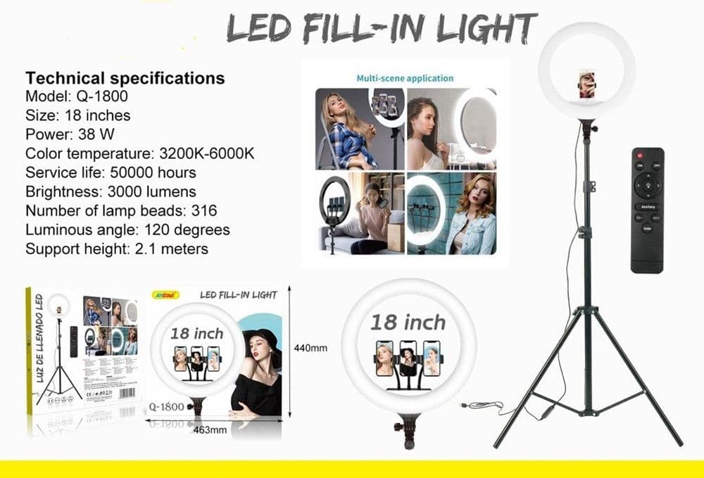 LUCE AD ANELLO LED CON STAFFA TREPPIEDE TELECOMANDO SUPPORTO SMARTPHONE FOTO SET Q-1800 in Flash Macro Ring Light Trade Shop italia - Napoli, commercioVirtuoso.it