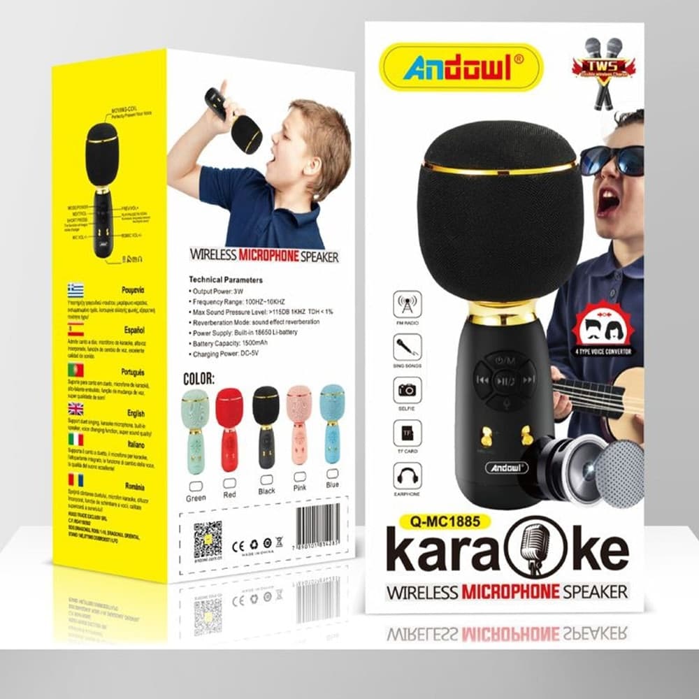MICROFONO ALTOPARLANTE WIRELESS BT PORTATILE 4 IN 1 PER KARAOKE EFFETTI VOCALI Q-MC1885 in Console Karaoke Trade Shop italia - Napoli, commercioVirtuoso.it
