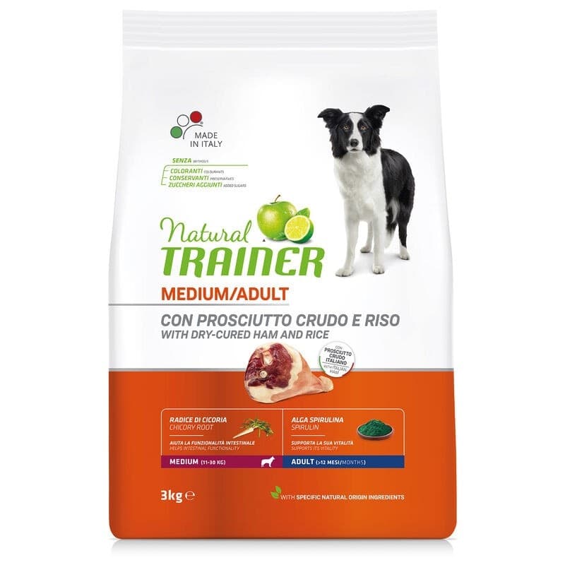 Natural Trainer Mantenimento mangime secco Cani Adult medium prosciutto crudo e riso in Secco 101 Market - Poggibonsi, commercioVirtuoso.it