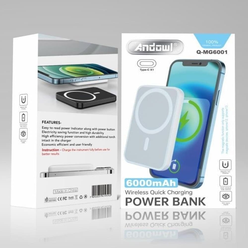 MINI POWER BANK RICARICA WIRELESS 6000MAH ASPIRAZIONE MAGNETICA CON PORTA TYPE-C Q-MG6001 in Caricabatterie portatile Trade Shop italia - Napoli, commercioVirtuoso.it