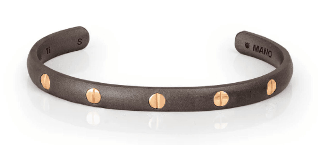 MANO J - BRACCIALE RIGIDO GRANDE UOMO LINEA BOOST IN TITANIO E 5 VITI IN ORO ROSSO 9 KT.