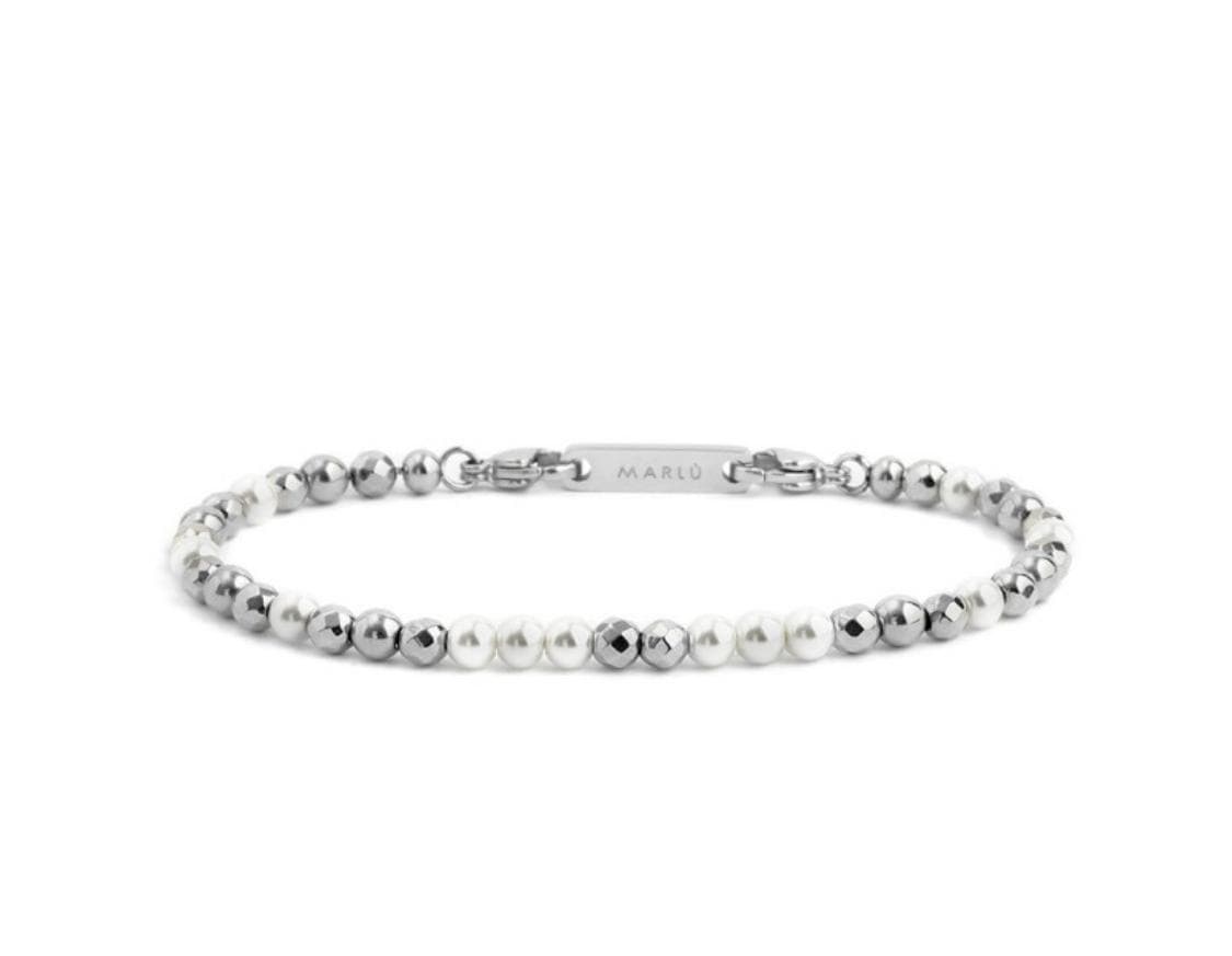 MARLÙ-BRACCIALE EMATITE E PERLE BIANCHE ACCIAIO