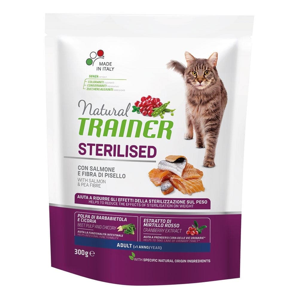 Natural Trainer Sterilised mangime secco Gatti Adult salmone e fibra di pisello in Secco 101 Market - Poggibonsi, commercioVirtuoso.it