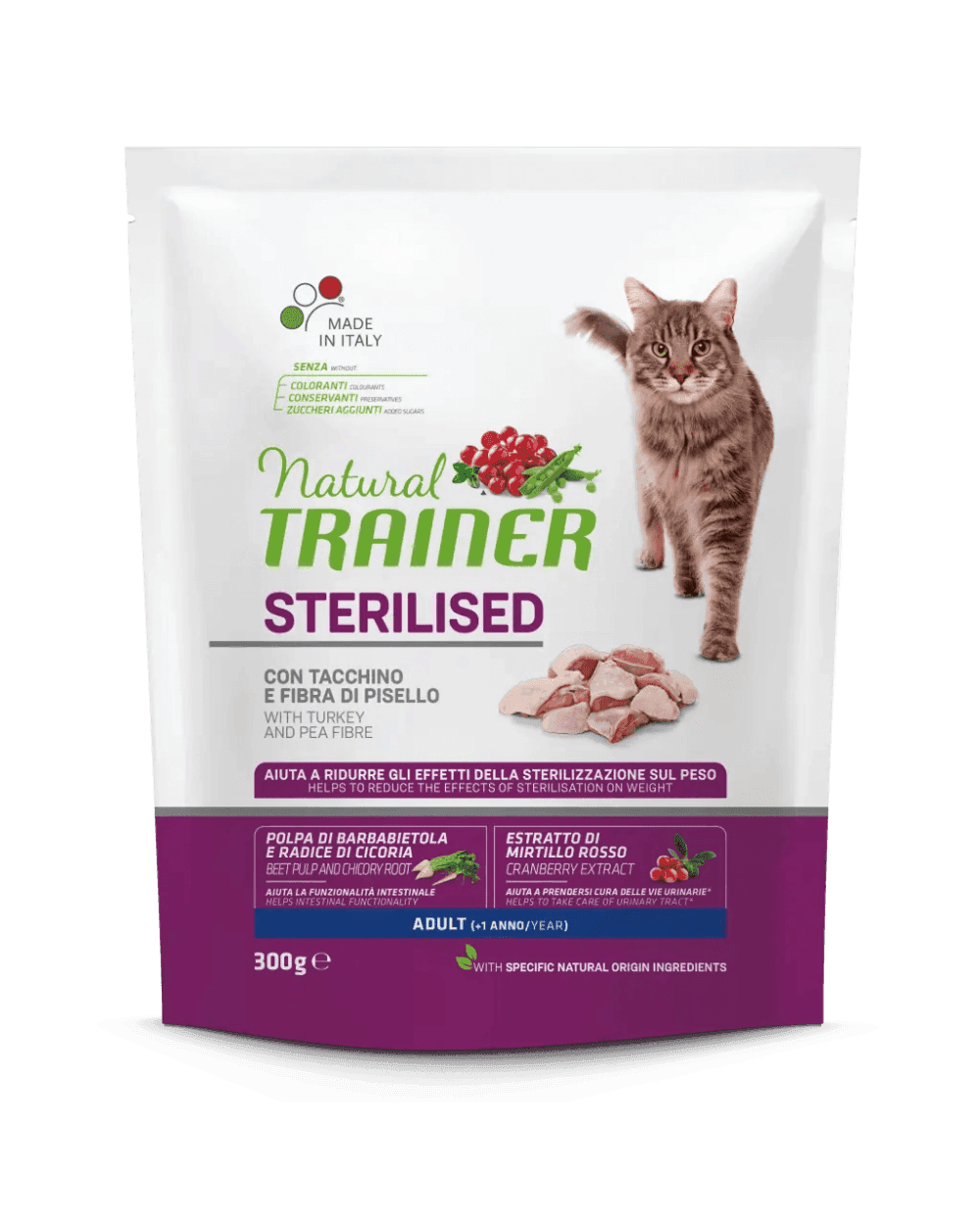 Natural Trainer Sterilised mangime secco Gatti Adult tacchino e fibra di pisello in Secco 101 Market - Poggibonsi, commercioVirtuoso.it
