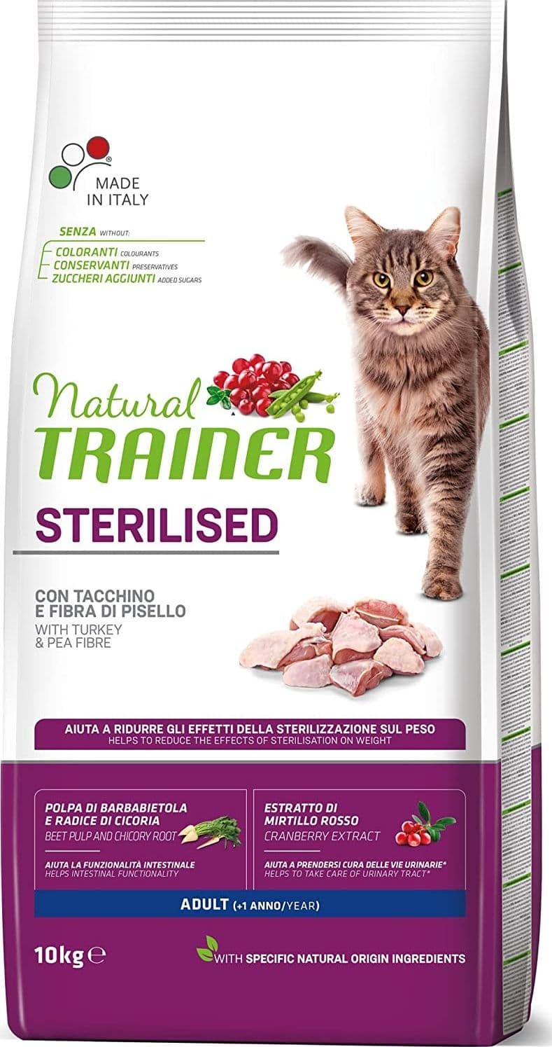 Natural Trainer Sterilised mangime secco Gatti Adult tacchino e fibra di pisello in Secco 101 Market - Poggibonsi, commercioVirtuoso.it