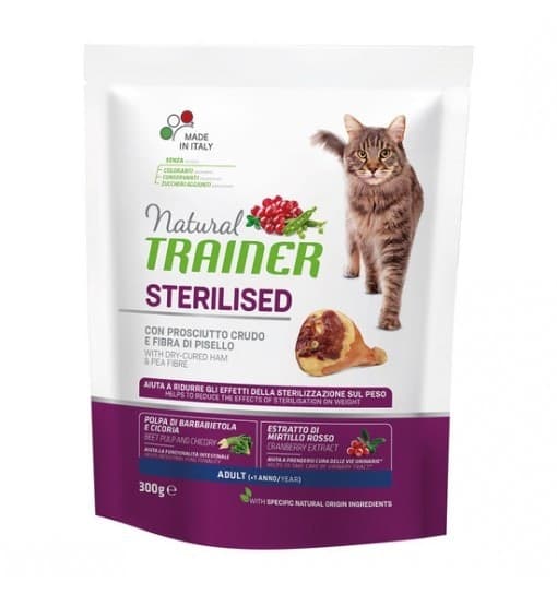 Natural Trainer Sterilised mangime secco Gatti Adult prosciutto crudo e fibra di pisello in Secco 101 Market - Poggibonsi, commercioVirtuoso.it