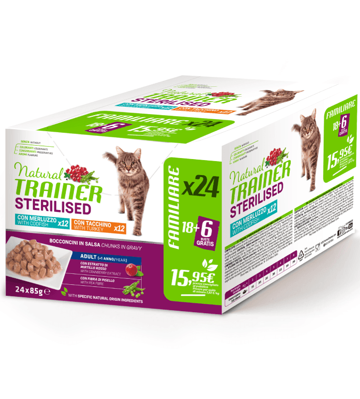 Natural Trainer Sterilised multipack umido Gatti Adult tacchino e merluzzo in Secco 101 Market - Poggibonsi, commercioVirtuoso.it