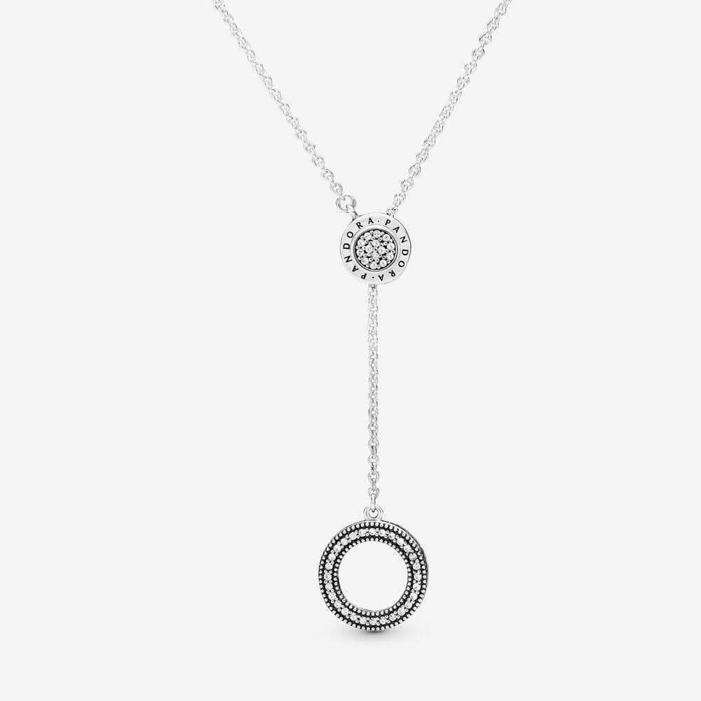 Pandora Collana a Y con cerchio, pavé e logo Pandora