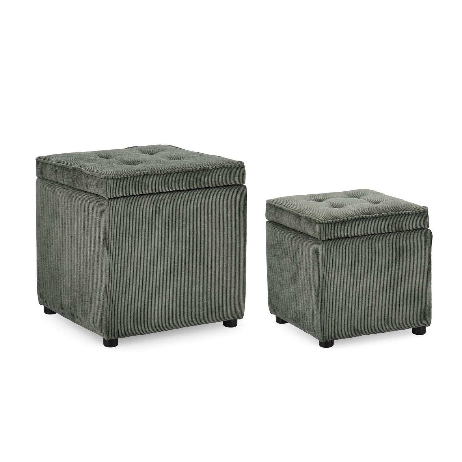 Pouf contenitore "Dylan" struttura in legno di pino rivestimento in poliestere per interno – Verde, Set da 2 – Bizzotto