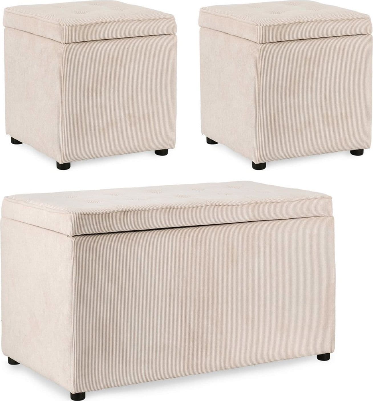 Pouf contenitore "Dylan" struttura in legno di pino rivestimento in poliestere per interno – Bianco, Set da 3 – Bizzotto