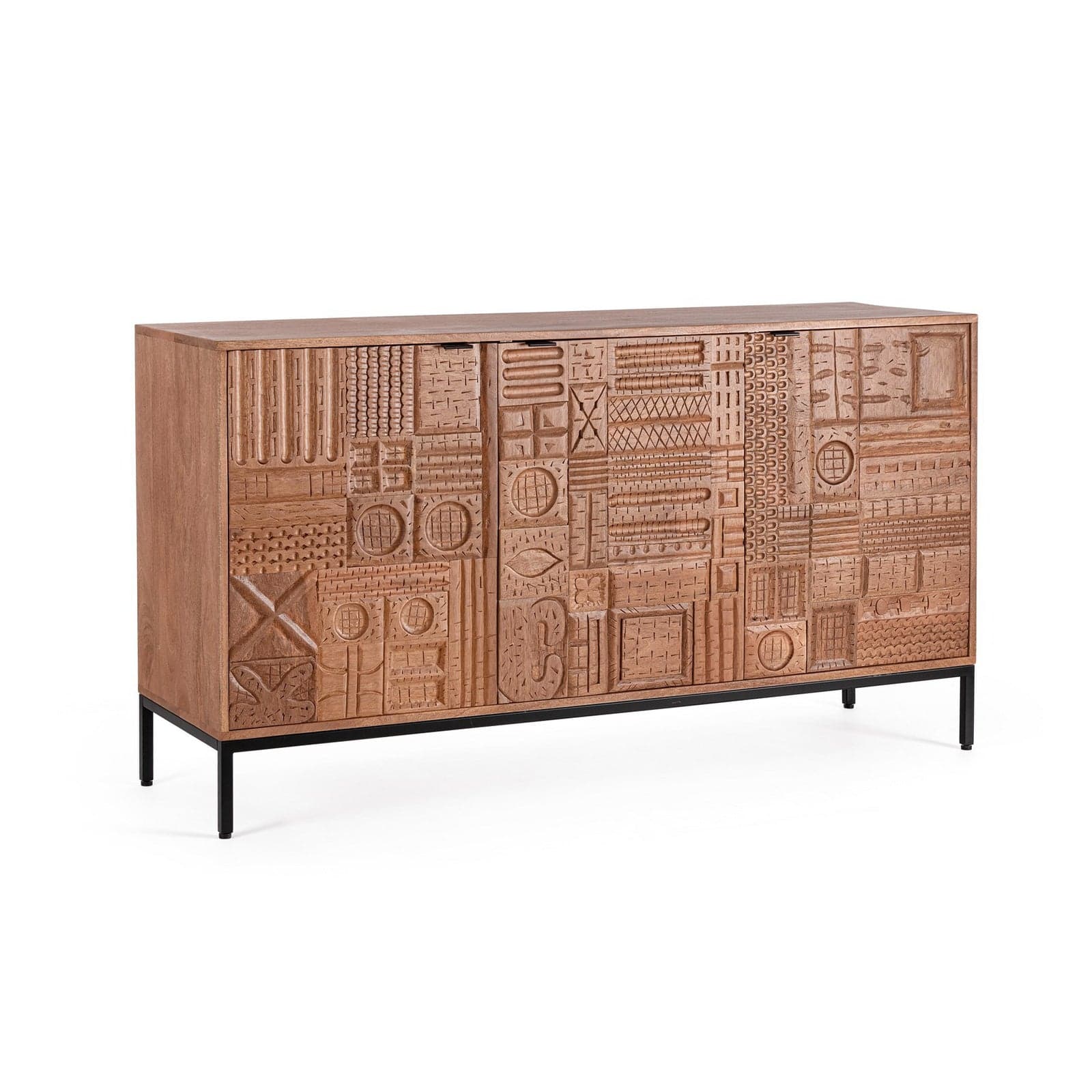 Cassettiera "Kindia" struttura in legno di mango massiccio con mensole e ante lavorate a mano – 3 Ante – Bizzotto Homemotion