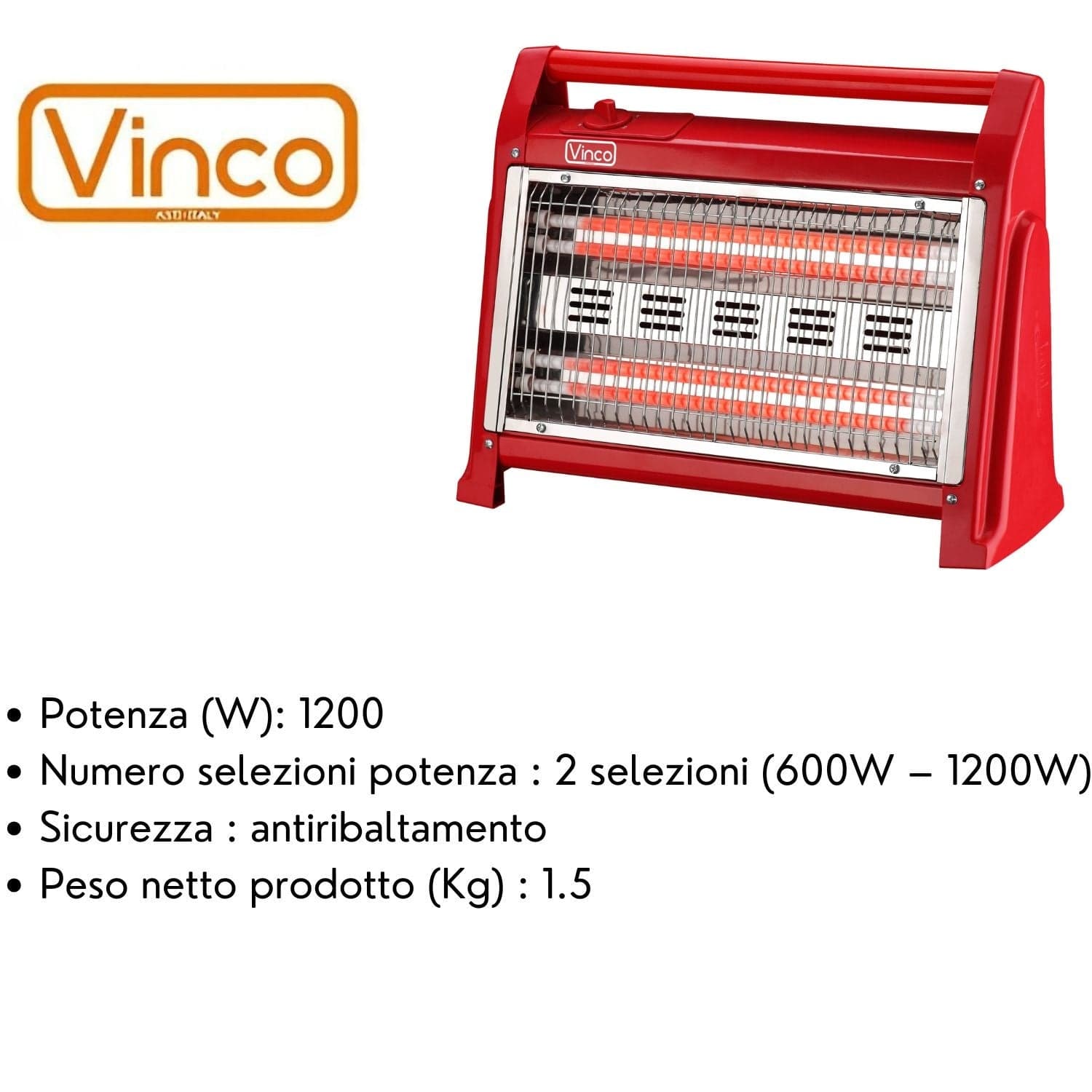 VINCO STUFA ELETTRICA AL QUARZO AD ALTO RENDIMENTO CALORICO 600/1200W VINCO 70157 ROSSA in Stufe elettriche Ecoprice.it - Avellino, commercioVirtuoso.it