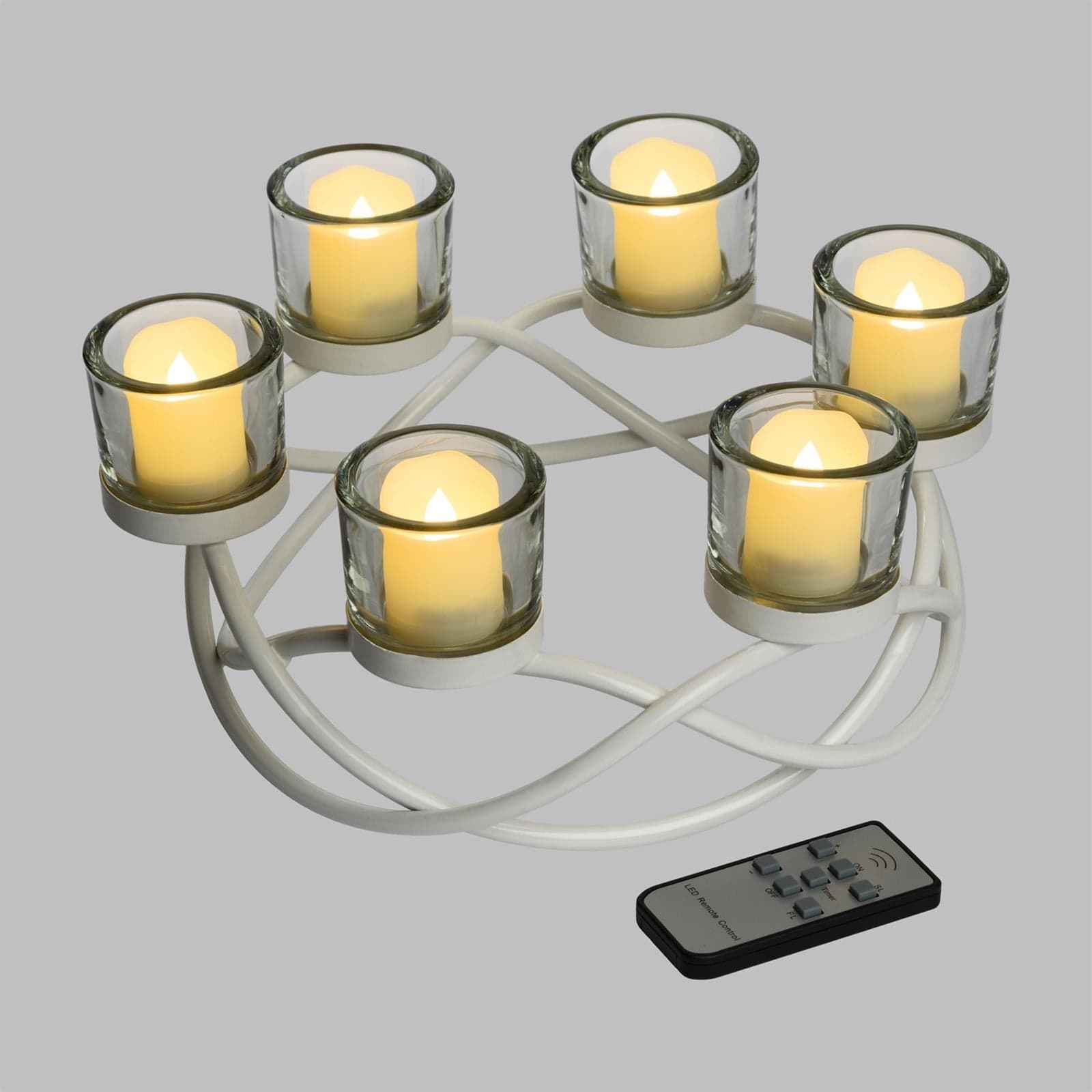 Set candeliere bianco intrecciato con 6 candele a batteria telecomando per accensione - 2