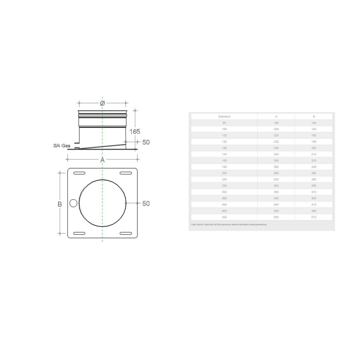 Piastra di base da 220mm in acciaio inox AISI 304 con spurgo in Lastre piane Aloiserw.com - Altomonte, commercioVirtuoso.it