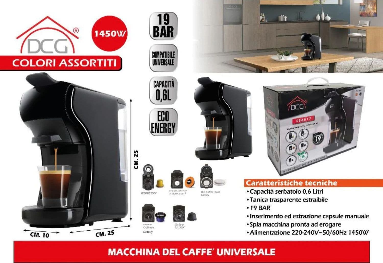 DCG ES6517 - Macchina Del Caffè Universale, serbatoio 0,6 Litri, 19 BAR, 1.450W - NERA+ Omaggio 15 Pz Cialde / Capsule in Macchine da caffè tazza singola Ecoprice.it - Avellino, commercioVirtuoso.it