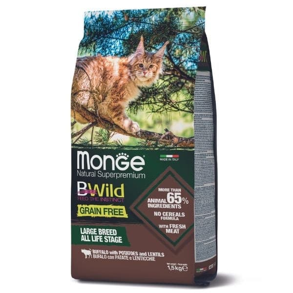 Monge BWild Grain Free All Life Stage secco Gatti Large Breed bufalo patate e lenticchie 1,5 kg - 2