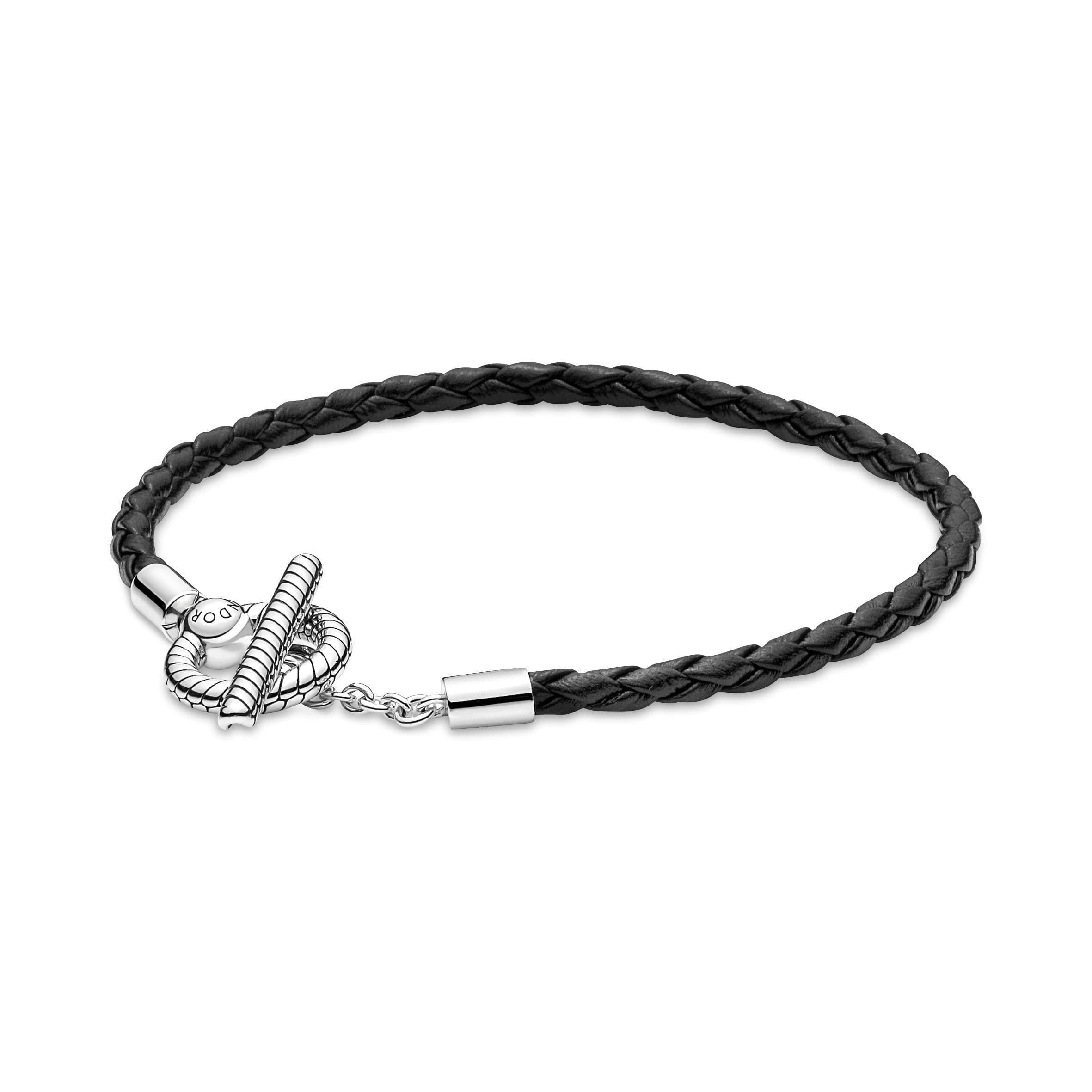 PANDORA - Bracciale in Pelle Nera con Chiusura a T Rifinito a mano