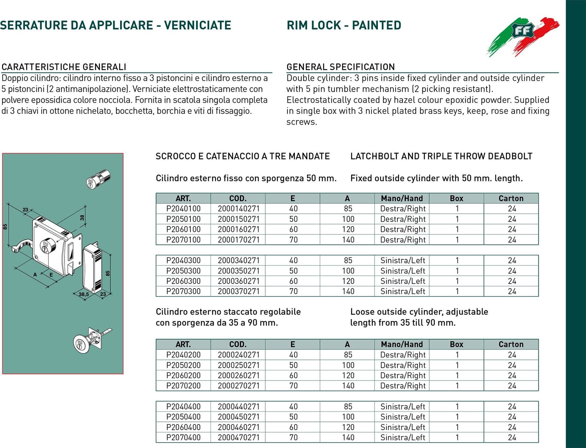 Facchinetti serratura corta a spingere destra 60mm ferroglietto cilindro staccato a 3 mandate in Cilindri delle serrature Aloiserw.com - Altomonte, commercioVirtuoso.it