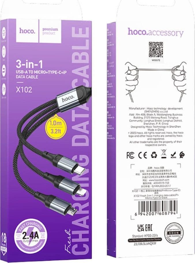CAVO DI RICARICA HOCO 3 IN 1 USB-A A USB-C/LIGHTNING/MICRO-USB X102 NERO - 2