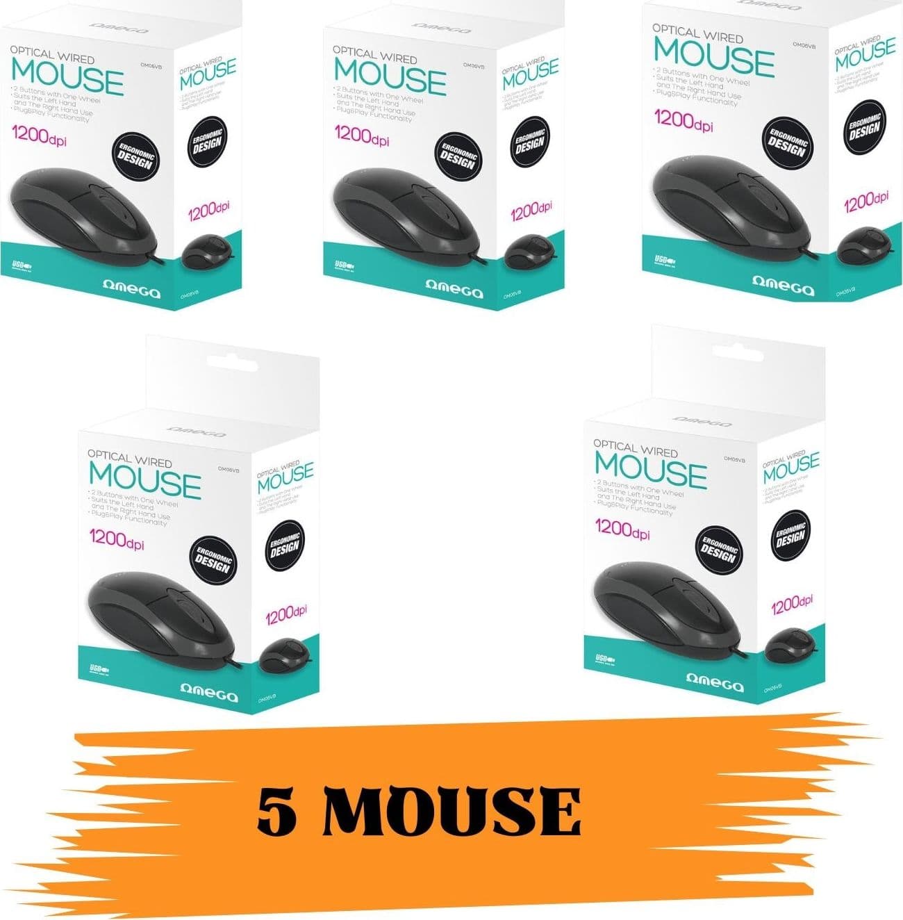 OMEGA Mouse Cablato per Notebook – USB-A, 1200 DPI, Nero (OM06VB), Confezione da 5 Pezzi