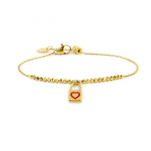Marlù - BRACCIALE CON LUCCHETTO CUORE PENDENTE CRISTALLI ROSSI ED EMATITE PVD ORO