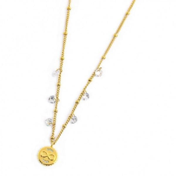Marlù - COLLANA PENDENTE INFINITO CON CRISTALLI BIANCHI E SFERE PVD ORO in Collane Alba Gioielli - Casoria, commercioVirtuoso.it
