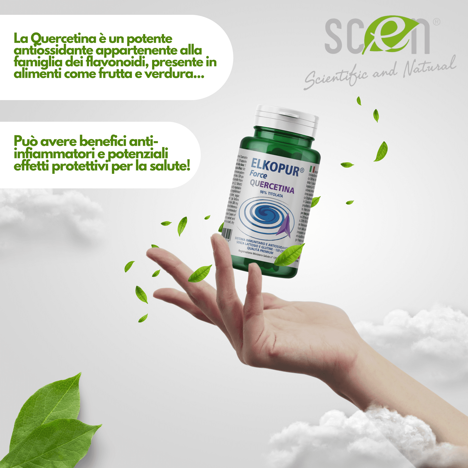 Elkopur Force Quercetina pura, 120 capsule da 500 mg. con 200 mg. di Quercetina titolata 98% in Quercetina, Vegetarian e Vegan ok, Rinforza il sistema immunitario, Antiossidante, prodotto in Italia in Quercetina Scen Scientific and Natural - Poggibonsi, commercioVirtuoso.it