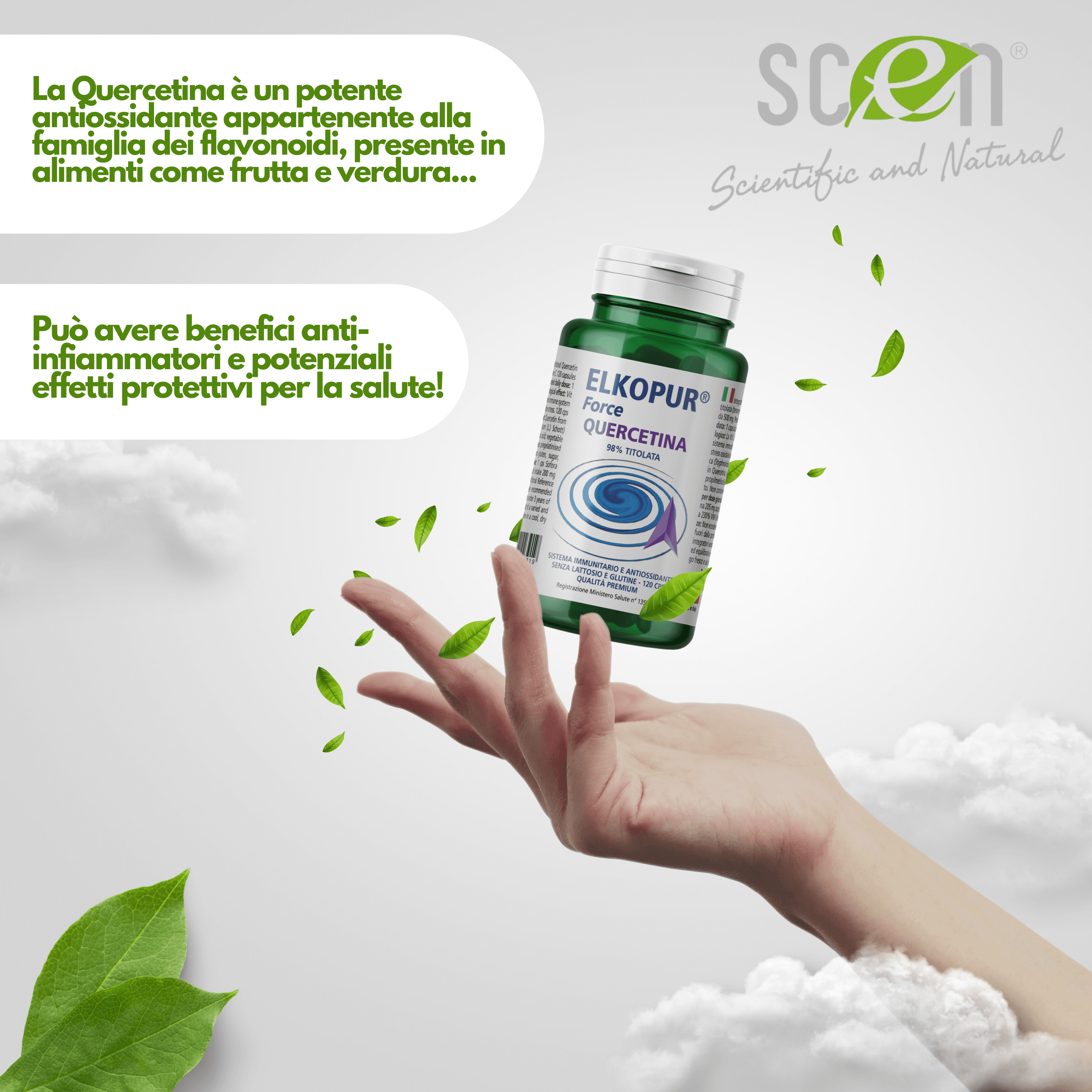 Elkopur Force Quercetina pura, 120 capsule da 500 mg. con 200 mg. di Quercetina titolata 98% in Quercetina, Vegetarian e Vegan ok, Rinforza il sistema immunitario, Antiossidante, prodotto in Italia in Quercetina Scen Scientific and Natural - Poggibonsi, commercioVirtuoso.it